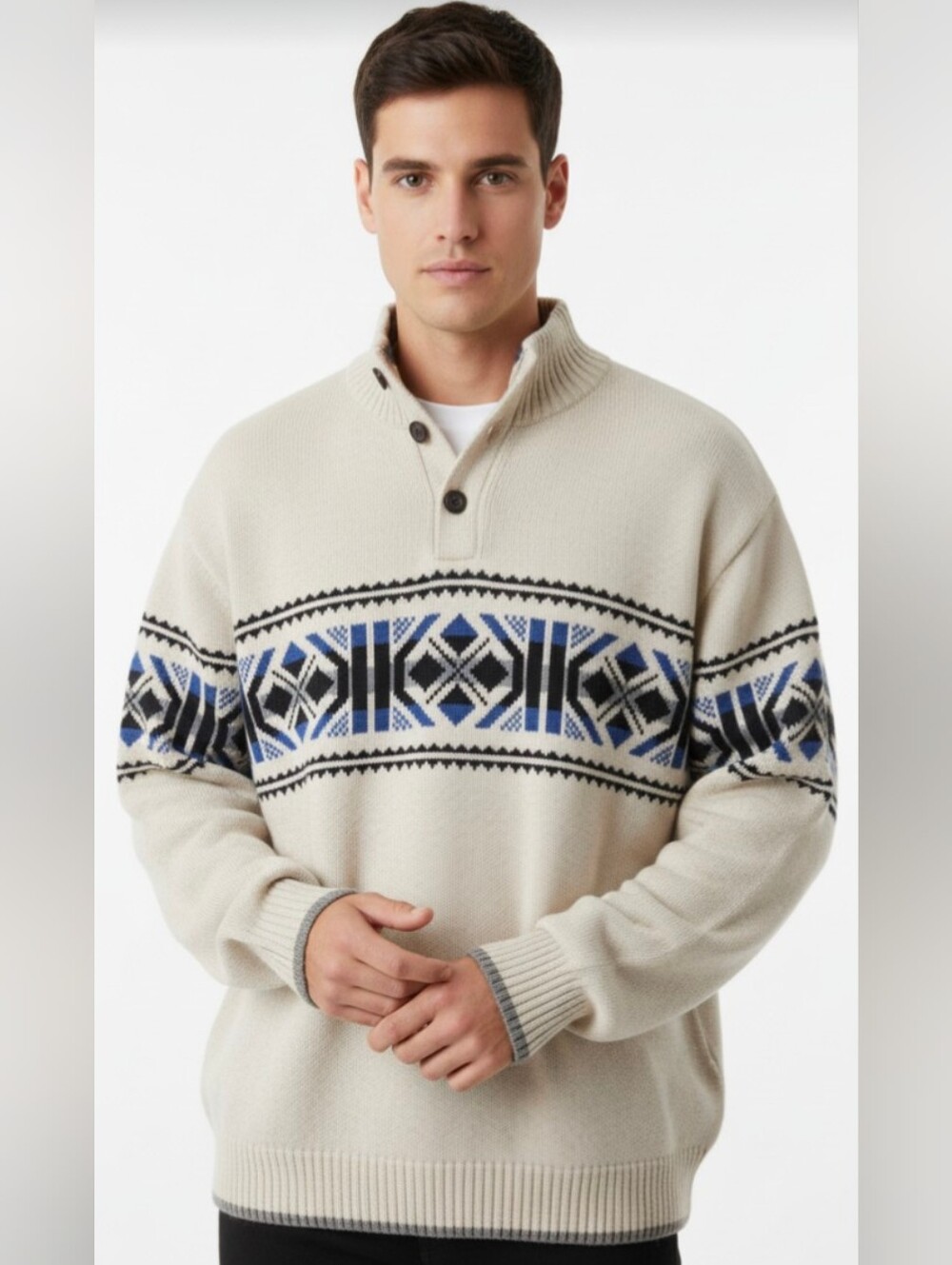 NWOT! CHAPS! CREAMY GRAY, BLUE & BLACK HENLEY NECK SWISS STYLE SKI SWEATER! 4XB
